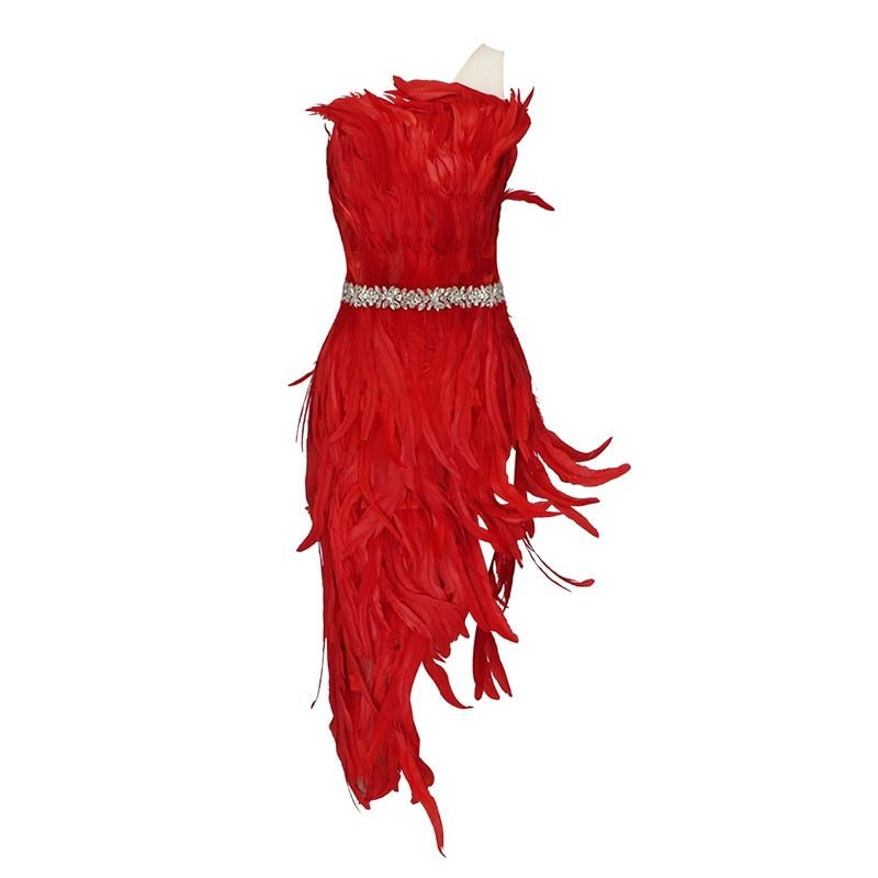 Party Dress With Diamonds One-shoulder Slanted Collar And Side Slit Sleeveless Red Feather Knee-length Dress For Women