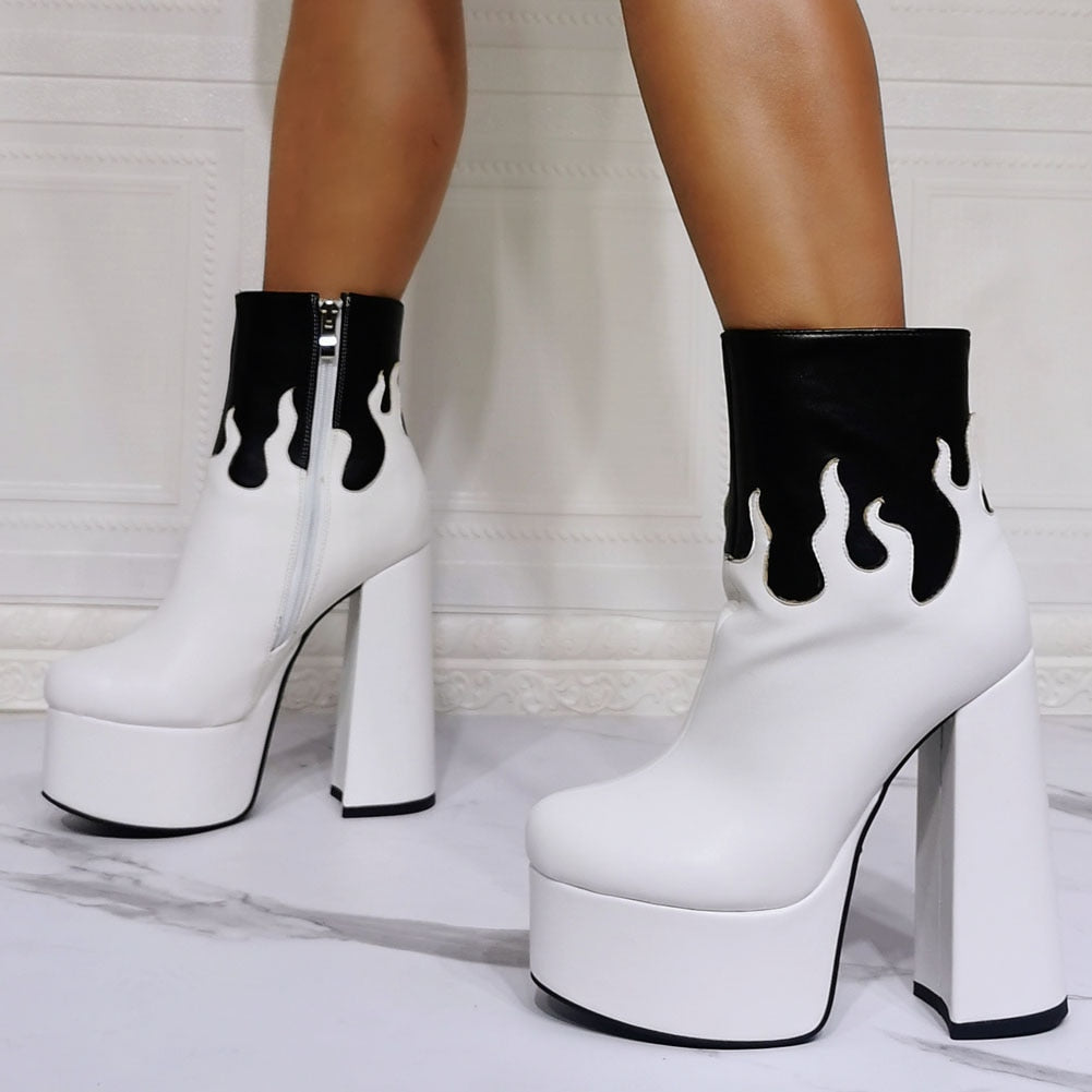 Platform High Heel Ankle Boots Goth Cool Black Print Zipper