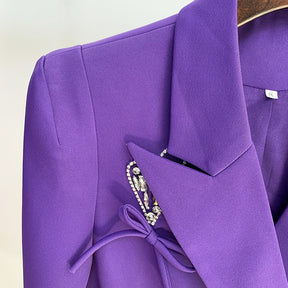 Women Set Skirt Blazer Purple 2021 Autumn Winter New Heart Shaped Diamond Button Beaded Bow Short Jacket + Skirt Two Pcs Suit