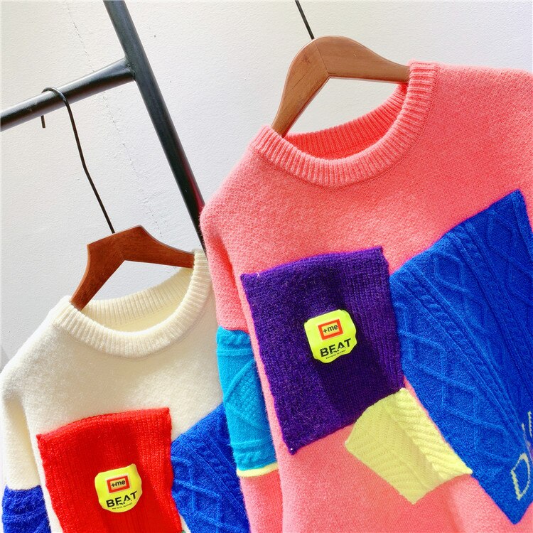 High Quality Women Girl full Sleeve Pullover Crew neck cute Patchwork Pink Purple Casual Loose sweaters Knitwear Jumper Tops