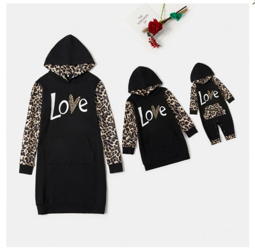 Mommy and Me Clothes Autumn Winter Leopard Print Hoodies Dress for Mom Daughter Outwear Baby Romper Family Matching Clothes