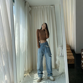 Vintage Asymmetrical Waist Hole Straight Jeans Womens Loose Denim Pants Casual Wide Leg Pants Streetwear Mom Jeans