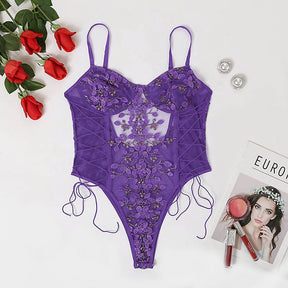 Floral Embroidery Bodysuit Women Lace Up Bandage Bodies Sexy Sleeveless Bodycon Transparent Lingerie Mesh Bodysuits Top