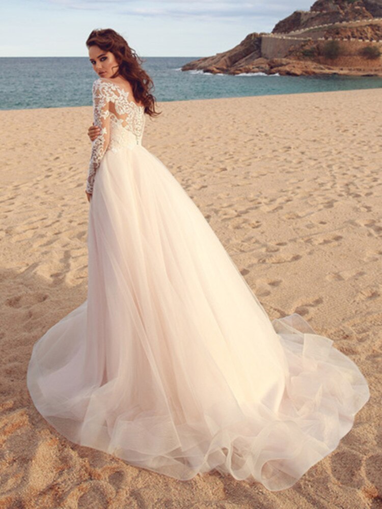 Beach O Neck Wedding Dress Lace Long Sleeves Appliques Court Train Tulle Vestido De Novia Princess Gowns Illusion Elegant