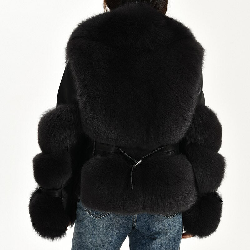 Luxury  Real Fox Fur Coats with 100% Genuine Sheepskin Leather Jackets Wholeskin Natural Fox Fur Female Parkas