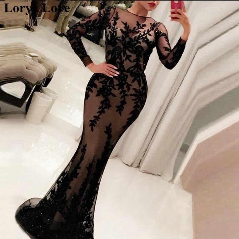 Black Elegant Formal Women Party Night Evening Dresses Mermaid Sexy Illusion Long Sleeves Tulle Robe De Soiree Prom Dress