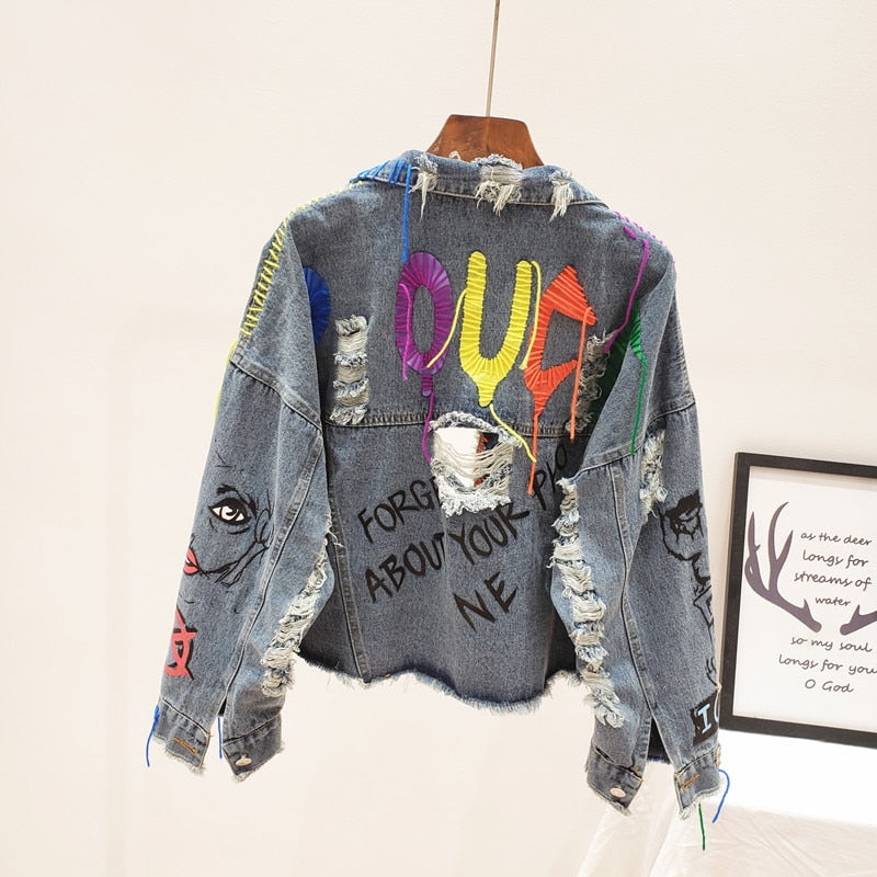 Streetwear Fashion Rivet Letter Graffiti Print Denim Jacket