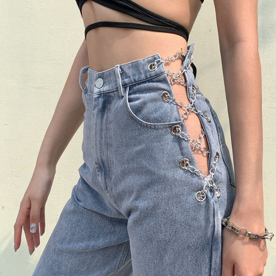 High Waist Hollow Out Chain Design Slim Jeans Woman Leisure Streetwear Commute High Quality Strgight Pants