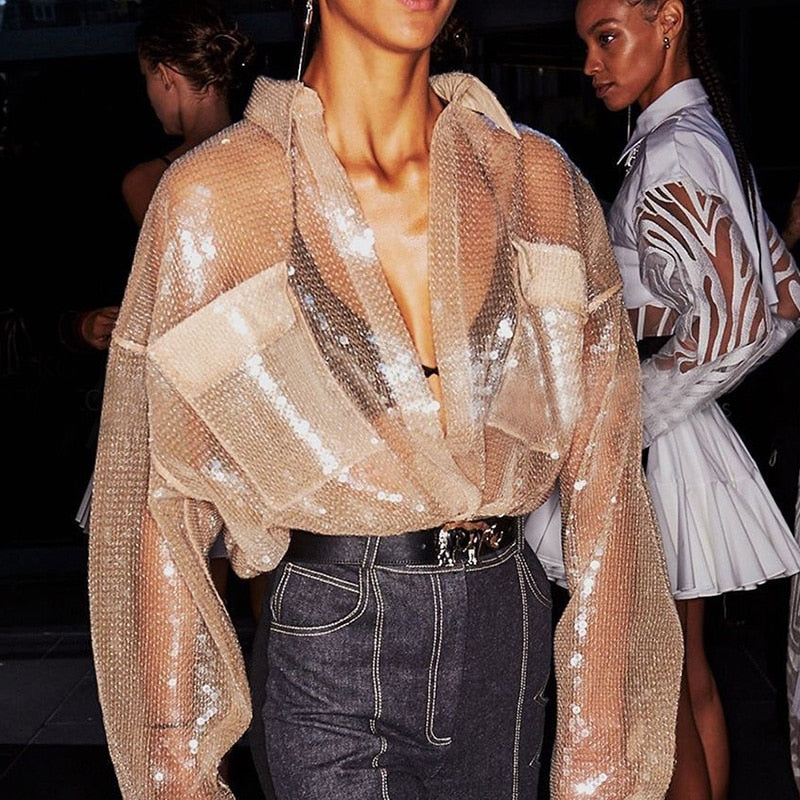 Fashion Week Champagne Sequin Glitter See-Through Clothes Luxury Design Transparent Yarn Blouse Mesh Sheer Pocket Shirt Women