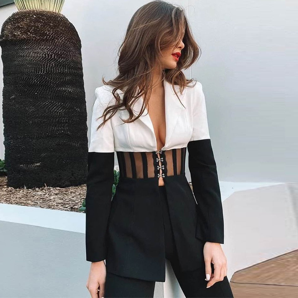 Fall Blazer And Pants Set Women 2 Piece Outfit Fashion New Black And White V Neck Long Sleeve Buckle Mesh Bodycon Suit