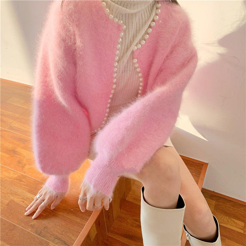 Fashion Pearl Imitation Mink Cashmere Sweaters Cardigan Winter Women Sofit Warm Knitted Lantern Sleeve Loose Solid Cardigan coat