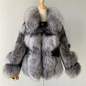 Genuine Sheepskin Leather Jackets With Fox Fur Winter Thick Warm Fashion Lady Coats Overcoats Luxury Big Fur Coat