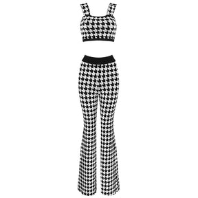 New Trendy Houndstooth Design Crop Tops Pants Two Pieces Suit Celebrity Party Casual Bandage Suit
