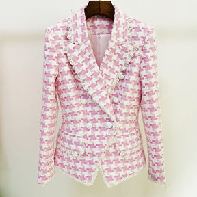 WOOL Shorts Blazer Suits Women Pink Houndstooth Woolen Plaid JackeT Autumn Winter Double Breasted White Button Two Piece Sets