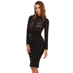 Women Black Dress Bandage Sexy Mesh Hollow Out Midi Beading