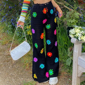 See Through Flared Leg Pants Women High Waist 2021 Summer Boho Sheer Flower Crochet Beach Holiday Long Pants Trousers
