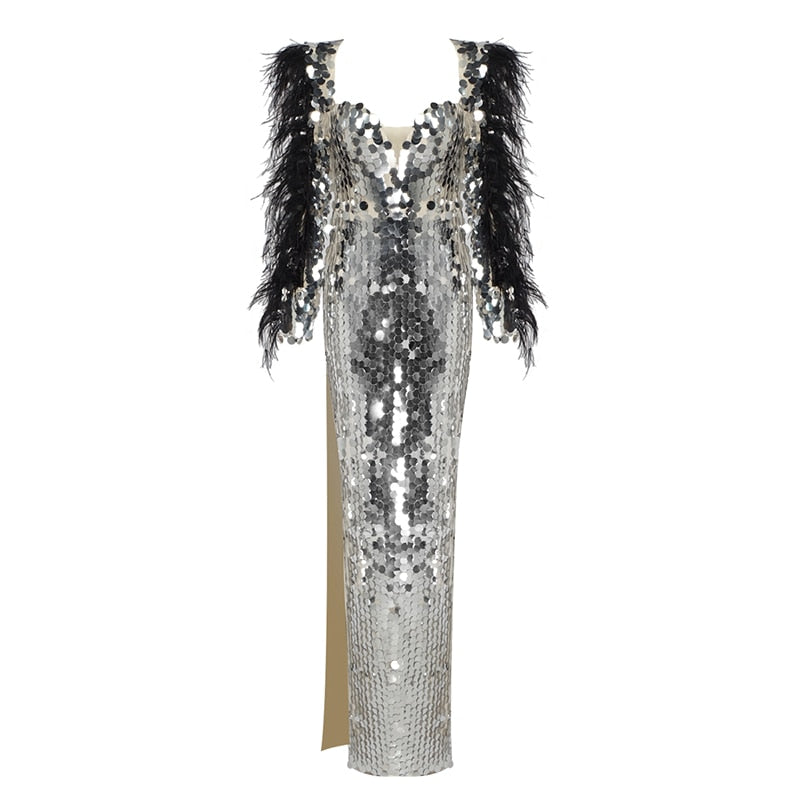 Long Dress Women With Black Feather Decoration Long Sleeves Side High Slits Mirrored Round Sequined Square Collar