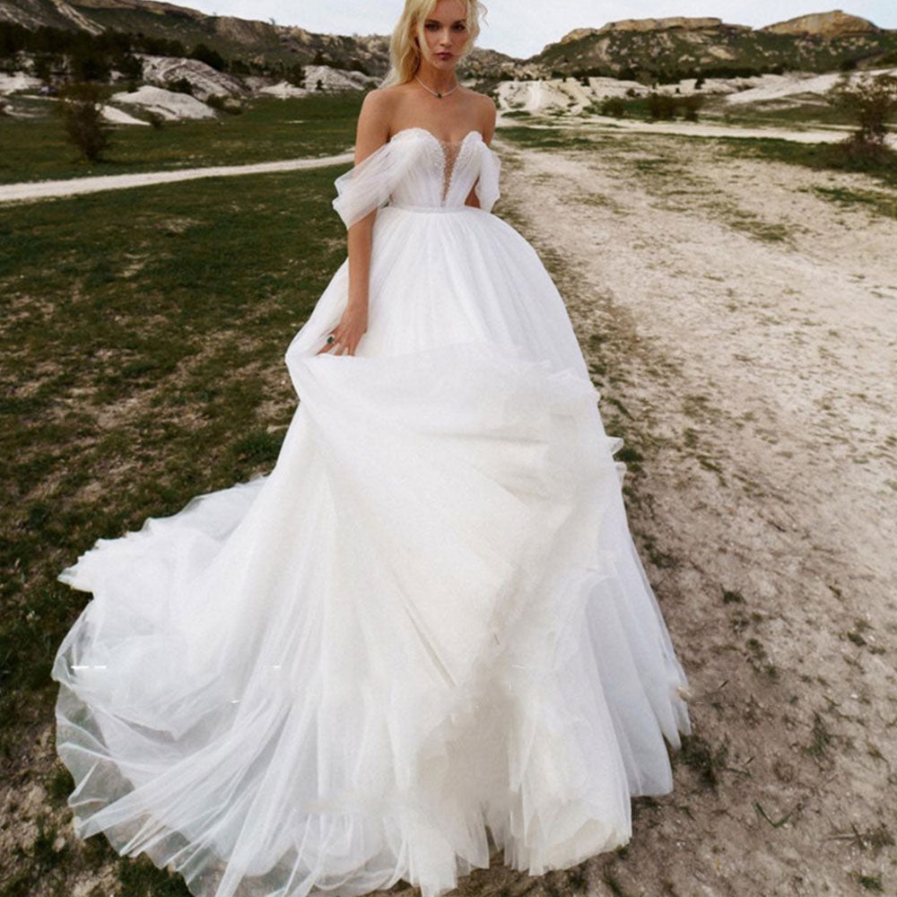 Modern  Wedding Dressses For  Elegant Off the Shoulder Tulle Beads Sweetheart Sweep Train Bridal Gowns Country Robe de mariag