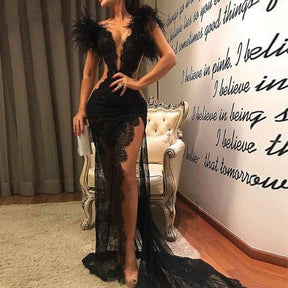 Sexy Mermaid Black Long Evening Dresses 2020 Women Formal Party Split Prom Gowns Vestidos De Noiva Lace Appliques Robe De Soiree