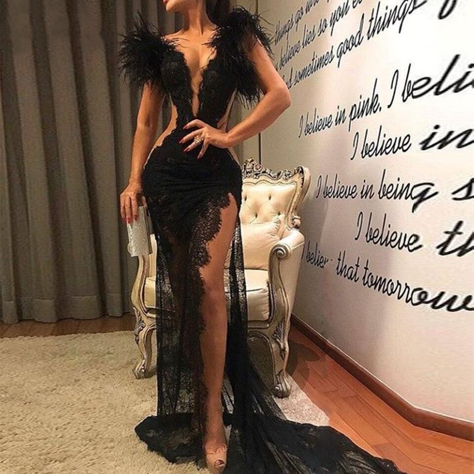 Sexy Mermaid Black Long Evening Dresses 2020 Women Formal Party Split Prom Gowns Vestidos De Noiva Lace Appliques Robe De Soiree