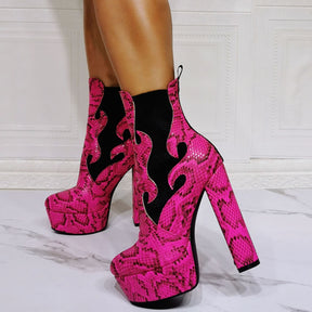 Platform High Heel Ankle Boots Goth Cool Black Print Zipper