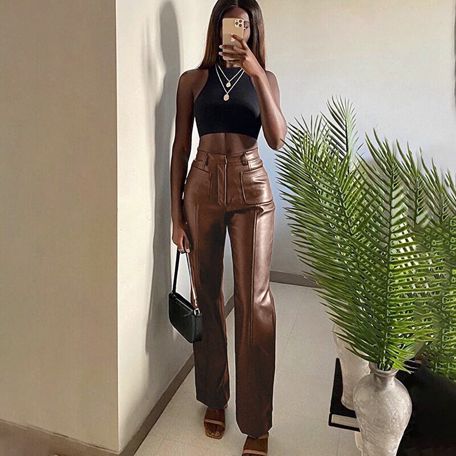 Faux Leather Pants Women Trousers Solid Pocket Pu Straight Pantalon Femme Sexy Push Up Leggings Womens Clothing