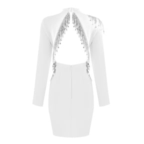 New Trendy Luxury Crystal Tassels Embellished Sexy Backless Design Celebrity Party Bandage Mini Dress