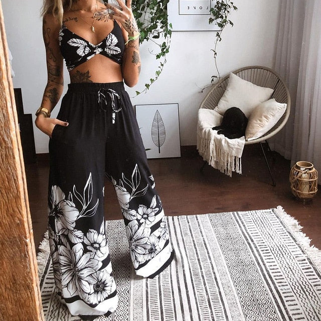 Summer Homewear Outfits Casual Butterfly Print Women Two Piece Set Ladies Elegant Bra Tops+Wide Leg Pants Loose Suits Streetwear