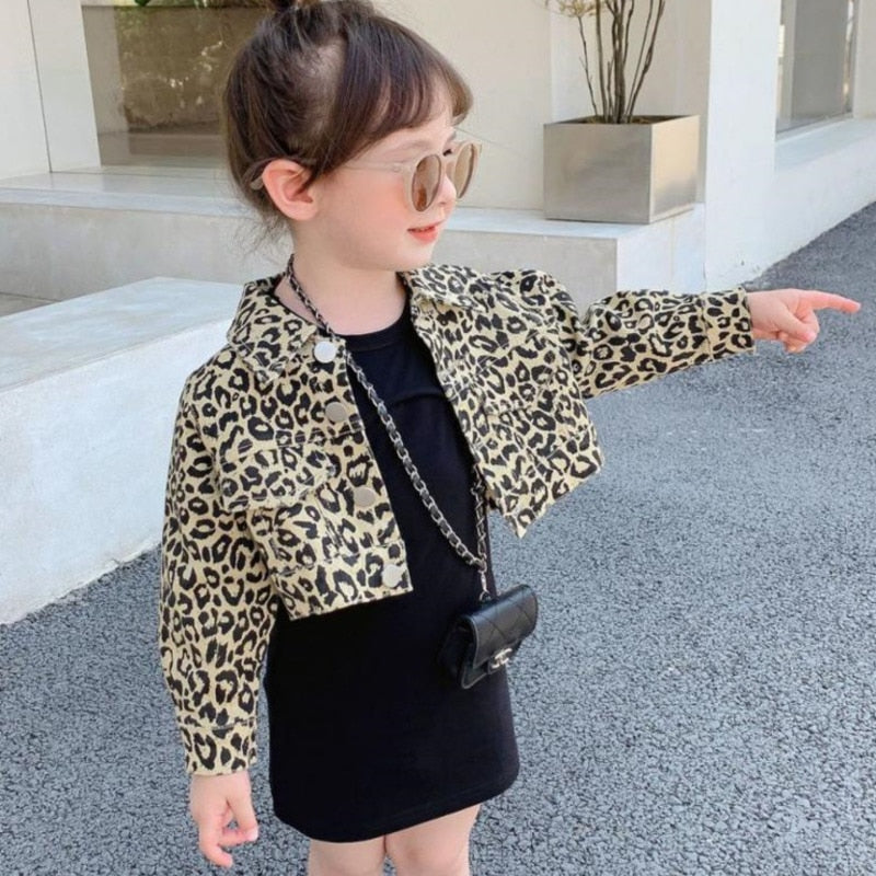 2022 Spring New Coat Dress 2 Pieces Set Leopard Print Jacket Black Dress Kids Girls Clothes Outfits