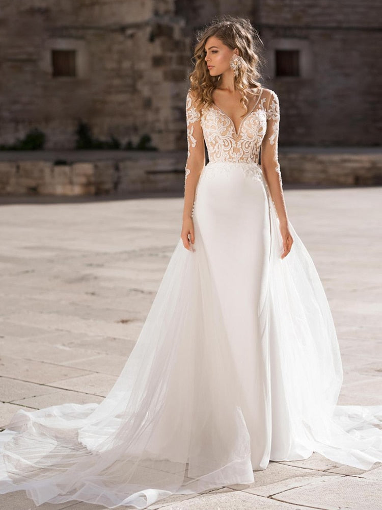 Simple Wedding Dress long Sleeve Backless Robe De Mariee For Women Design Chiffon Lace Bride Dresses Princess Dress