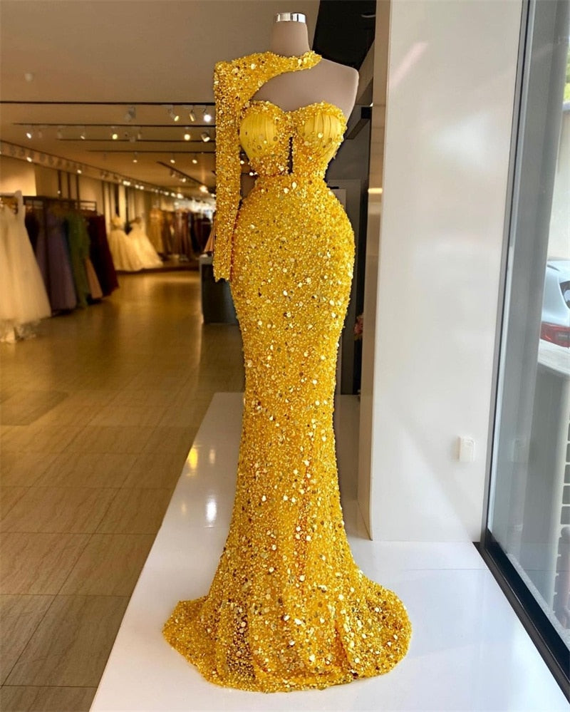 Vinca Sunny Luxury Gold Mermaid Evening Gowns Sequined Beaded Women Prom Dress With Long Sleeves Party Robe de mariée