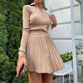 Knitted Pleated Skirt Set Women Sexy Long Sleeve Slim Tops And High Waisted Mini Skirt Dress Two Piece Set