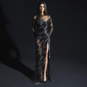 Black/Silver Sequin Dress For Women Diagonal Stripes Design Stand-up Collar Long-sleeved Back Hollow Side Slit Long Skirt