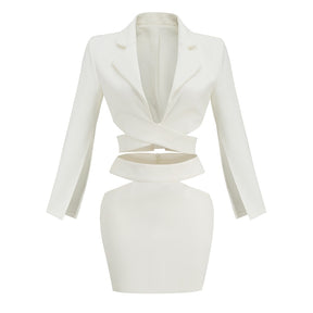 VC Short Skirt Two-piece Suit Cut Out At The Waist Cut Out Design Long Sleeves Lapel White Top