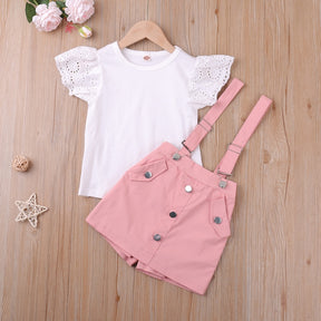 Flying Sleeve White Short Sleeve 2Pcs Girl Set Children Clothing Sets Kids Clothes Girls