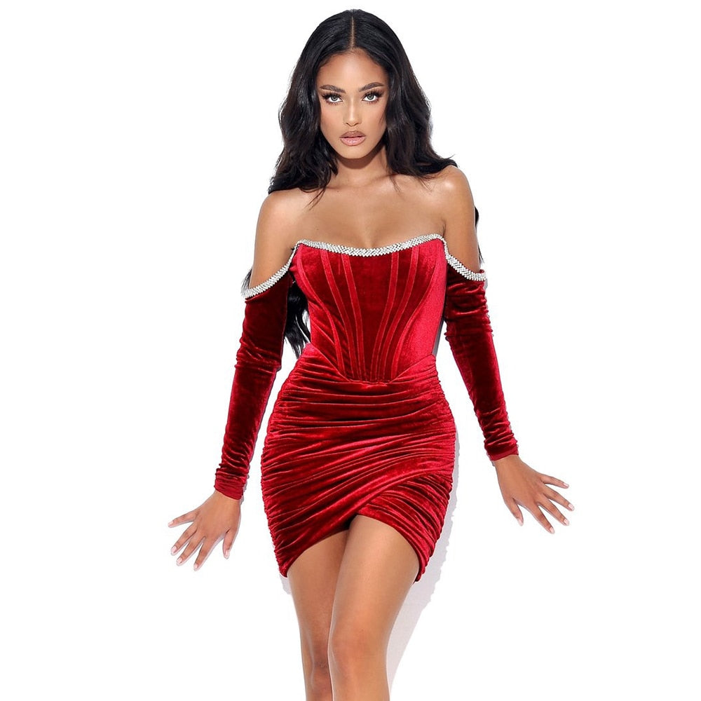 Shoulder Velvet Dress Long Sleeve Sexy Draped Diamond Mini Dress