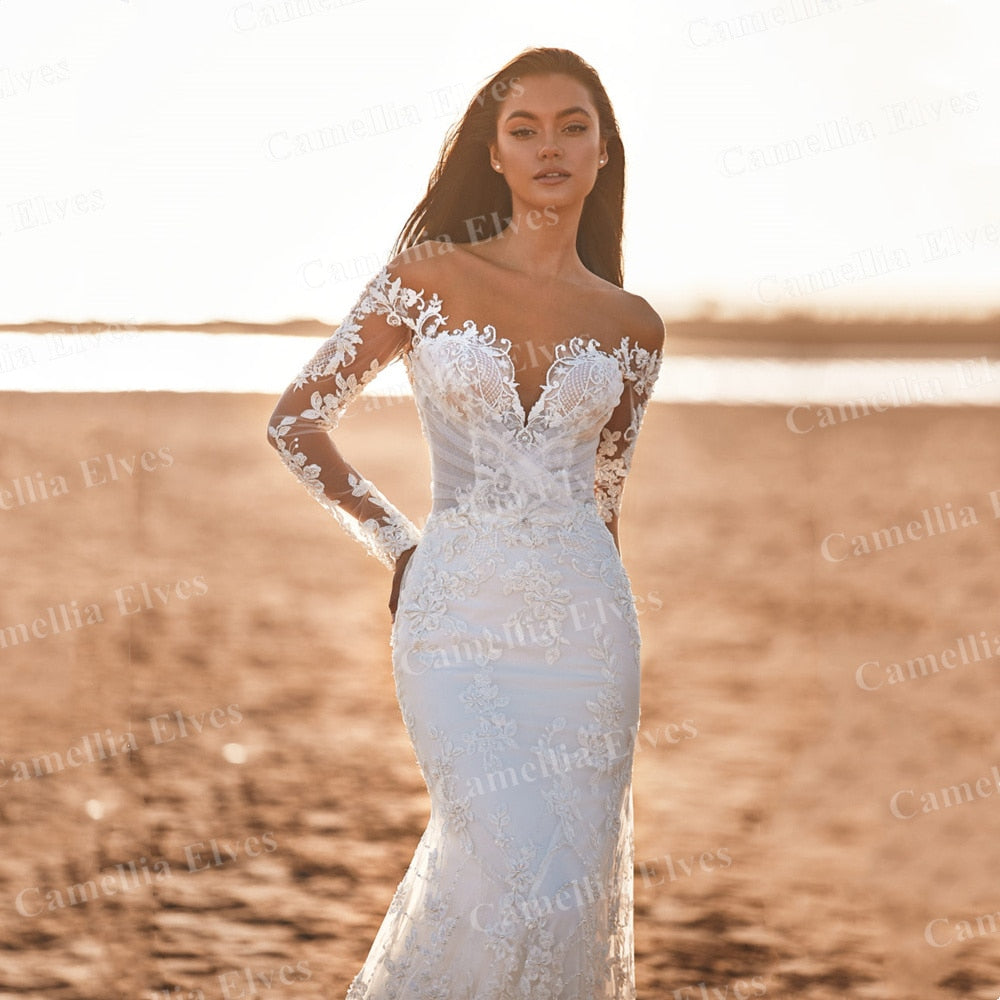 Classy Long Sleeve Wedding Dress For Women Lace Appliques Off The Shoulder Bride Gown Mermaid Bridal Robes Button Robe De Mariée