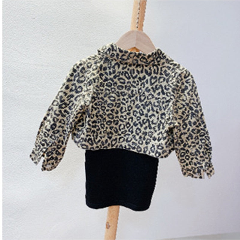 2022 Spring New Coat Dress 2 Pieces Set Leopard Print Jacket Black Dress Kids Girls Clothes Outfits