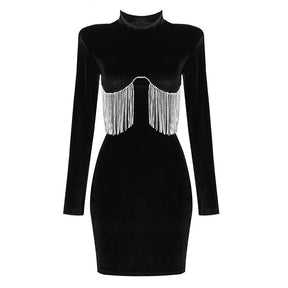 Lady Spring Autumn Women Black LoClng Sleeve Mini Dress Sexy High Neck Diamonds Tassel Bodycon Celebrity Cocktail Party Dresses