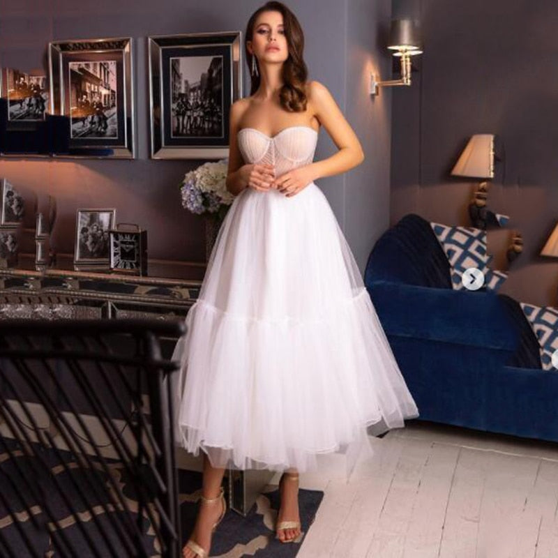 Strapless Evening Dresses Tulle Ankle-Length Sleeveless Pleat Boning Corset A Line Formal Party Gown Organza Illusion Style