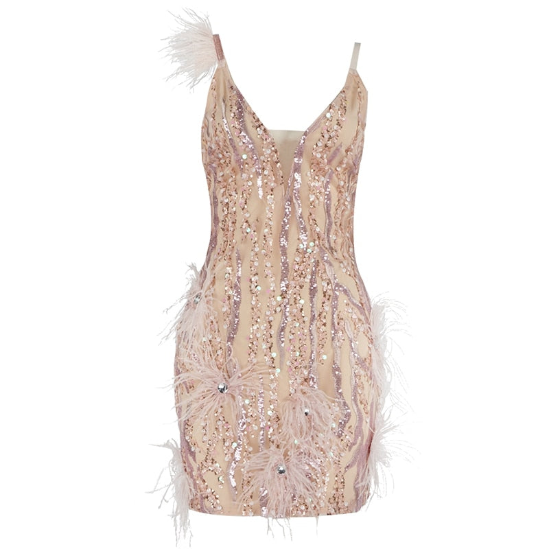 New Trendy Pink Mini Dress Feather Sequins Design Sexy V Neck Celebrity Party Club Slip Dress