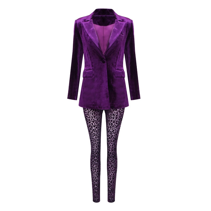 Purple Velvet Two-piece Women Tight-fitting Lapel Suit Jacket Leopard-print Slim Trousers