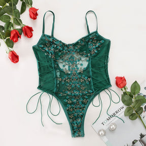 Floral Embroidery Bodysuit Women Lace Up Bandage Bodies Sexy Sleeveless Bodycon Transparent Lingerie Mesh Bodysuits Top