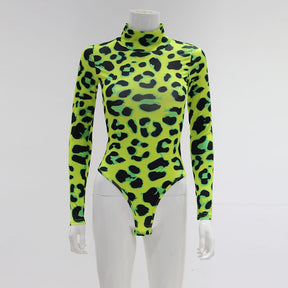 Women Long Sleeve Leopard Skin Prinetd Bodysuit Sexy Neon Green Streetwear Jumpsuit Skinny Leopard Tops Fashion Rompers