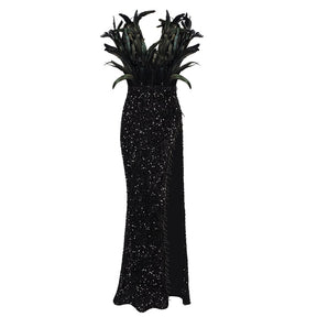 Feather Decorated Black Sequin Sleeveless High Slit Long Dress