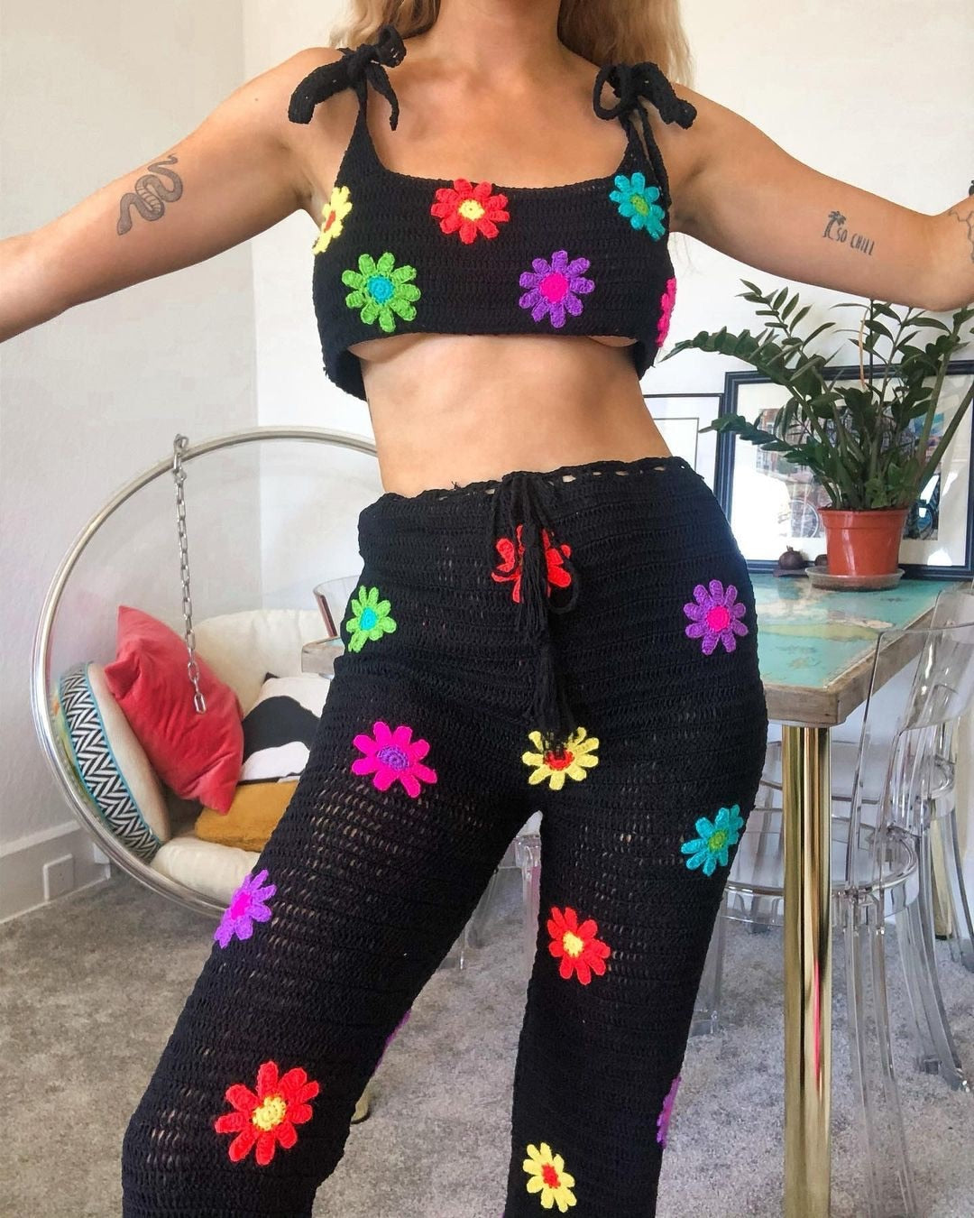 See Through Flared Leg Pants Women High Waist 2021 Summer Boho Sheer Flower Crochet Beach Holiday Long Pants Trousers