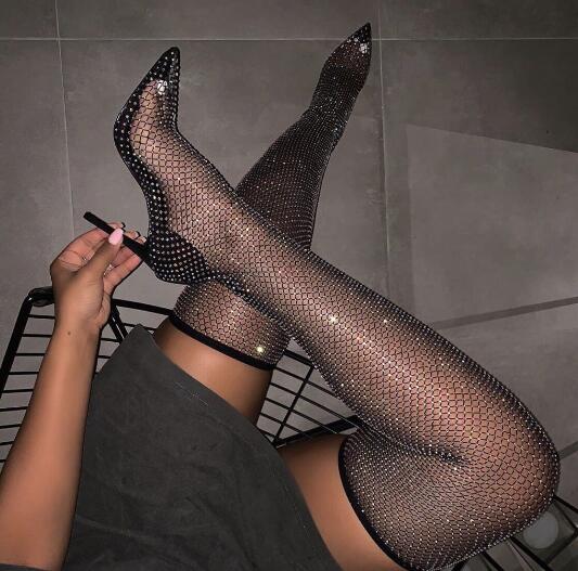 Hot Woman Black Bling Bling Sequins Diamond Fishnet Cuts Out PVC Clear Pointed Toe Heel-Strap Over The Knee Thigh Socks Boots