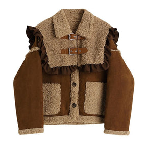 Women Vintage Suede Fur Jackets With Shawl Single Breasted Lamb Wool Jacket Winter Female Casual Loose Sweet Fashion Warm Coats