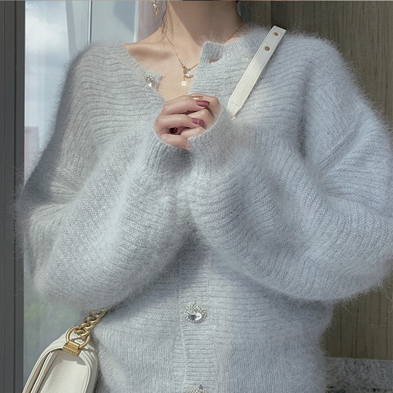 Elegant Sweaters Coat For Women Vintage Autumn Winter Mink Cashmere Knitted Soft Diamonds Button Lantern Sleeve Loose Cardigan