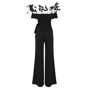 2023 jumpsuit Fashionable Feather Design One-way Neckline And Belt Decoration Short-sleeved Trousers One-piece For Women